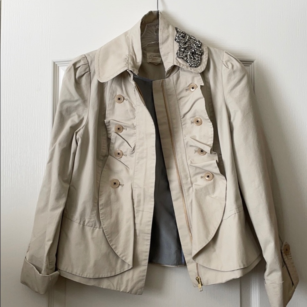 Anthropologie Beige Embellished Collar Cotton Jacket